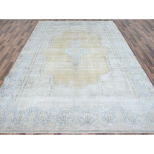 9'7"x12'8" Beige Vintage Persian Kerman Worn Wool, Sheared Low, Hand Knotted Distressed Look Oriental Rug FWR487536