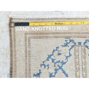 9'7"x12'8" Beige Vintage Persian Kerman Worn Wool, Sheared Low, Hand Knotted Distressed Look Oriental Rug FWR487536