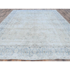 9'6"x12'6" Ivory Semi Antique Persian Kerman, Distressed Look, Hand Knotted Cropped Thin, Worn Wool Oriental Rug FWR487554