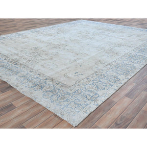 9'6"x12'6" Ivory Semi Antique Persian Kerman, Distressed Look, Hand Knotted Cropped Thin, Worn Wool Oriental Rug FWR487554