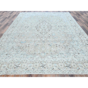7'6"x10'10" Beige Vintage Persian Kerman Hand Knotted Worn Wool Sheared Low Shabby Chic Distressed Look Oriental Rug FWR487602