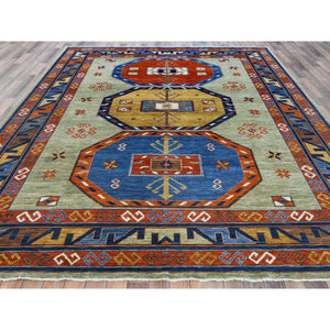 9'2"x11'9" Colorful, Armenian Inspired Kazak with Large Geometric Elements, 200 KPSI Vegetable Dyes Ghazni Wool Hand Knotted, Oriental Rug FWR487650