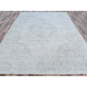 7'1"x10'8" Beige Vintage Persian Tabriz Hand Knotted Worn Wool, Sheared Low, Distressed Look Shabby Chic Oriental Rug FWR487686