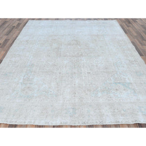 8'1"x10'9" Beige Shabby Chic Vintage Persian Tabriz Hand Knotted Worn Wool, Cropped Thin, Distressed Look Oriental Rug FWR487710