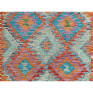 4'1"x5'8" Colorful, Afghan Kilim with Geometric Design, Hand Woven, Veggie Dyes, Flat Weave, Reversible, Vibrant Wool Oriental Rug FWR487920