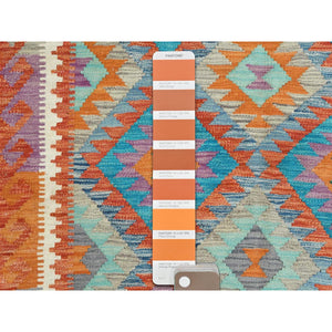 4'1"x5'8" Colorful, Afghan Kilim with Geometric Design, Hand Woven, Veggie Dyes, Flat Weave, Reversible, Vibrant Wool Oriental Rug FWR487920