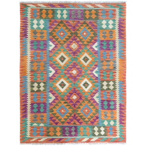 4'2"x6' Colorful, Afghan Kilim with Geometric Design, Hand Woven, Vegetable Dyes, Flat Weave, Reversible, Vibrant Wool Oriental Rug FWR487950