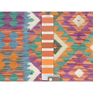 4'2"x6' Colorful, Afghan Kilim with Geometric Design, Hand Woven, Vegetable Dyes, Flat Weave, Reversible, Vibrant Wool Oriental Rug FWR487950