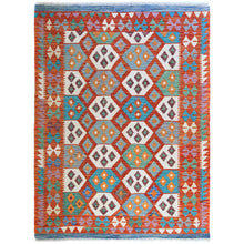 Load image into Gallery viewer, 4&#39;2&quot;x6&#39; Colorful, Hand Woven, Afghan Kilim with Geometric Design, Pure Wool, Vegetable Dyes, Flat Weave, Reversible Oriental Rug FWR487992