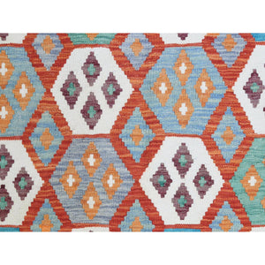 4'2"x6' Colorful, Hand Woven, Afghan Kilim with Geometric Design, Pure Wool, Vegetable Dyes, Flat Weave, Reversible Oriental Rug FWR487992