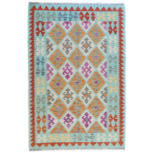 4'1"x5'9" Colorful, Afghan Kilim with Geometric Design, Pure Wool, Hand Woven, Vegetable Dyes, Flat Weave, Reversible Oriental Rug FWR488034