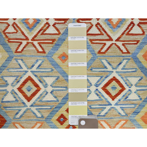 4'1"x5'10" Colorful, Hand Woven, Afghan Kilim with Geometric Design, Shiny Wool, Vegetable Dyes, Flat Weave, Reversible Oriental Rug FWR488064