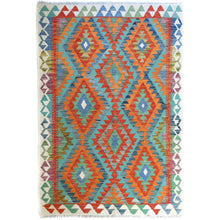 Load image into Gallery viewer, 4&#39;2&quot;x6&#39; Colorful, Afghan Kilim with Geometric Design, Hand Woven, Vegetable Dyes, Flat Weave, Reversible, Pure Wool Oriental Rug FWR488112