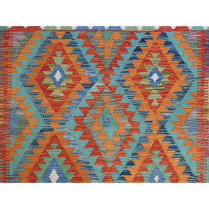 4'2"x6' Colorful, Afghan Kilim with Geometric Design, Hand Woven, Vegetable Dyes, Flat Weave, Reversible, Pure Wool Oriental Rug FWR488112
