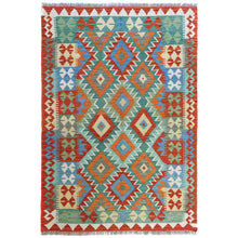 Load image into Gallery viewer, 4&#39;1&quot;x6&#39; Colorful, Afghan Kilim with Geometric Design, Hand Woven, Veggie Dyes, Flat Weave, Reversible, Pure Wool Oriental Rug FWR488220