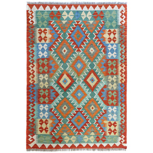4'1"x6' Colorful, Afghan Kilim with Geometric Design, Hand Woven, Veggie Dyes, Flat Weave, Reversible, Pure Wool Oriental Rug FWR488220