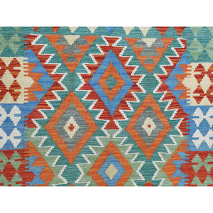 4'1"x6' Colorful, Afghan Kilim with Geometric Design, Hand Woven, Veggie Dyes, Flat Weave, Reversible, Pure Wool Oriental Rug FWR488220
