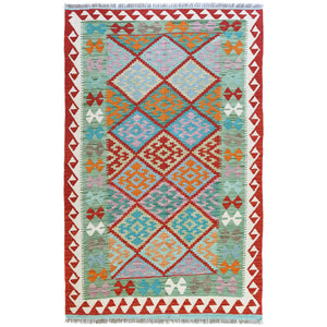 4'1"x6'2" Colorful, Afghan Kilim with Geometric Design, Hand Woven, Reversible, Vegetable Dyes, Flat Weave, Pure Wool Oriental Rug FWR488286