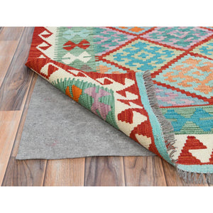 4'1"x6'2" Colorful, Afghan Kilim with Geometric Design, Hand Woven, Reversible, Vegetable Dyes, Flat Weave, Pure Wool Oriental Rug FWR488286