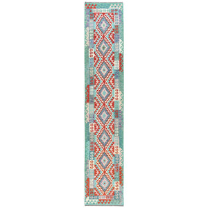 2'8"x15'5" Colorful, Afghan Kilim with Geometric Design, Pure Wool, Hand Woven, Vegetable Dyes, Flat Weave, Reversible XL Runner Oriental Rug FWR489264