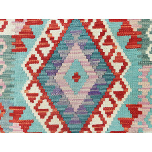 2'8"x15'5" Colorful, Afghan Kilim with Geometric Design, Pure Wool, Hand Woven, Vegetable Dyes, Flat Weave, Reversible XL Runner Oriental Rug FWR489264
