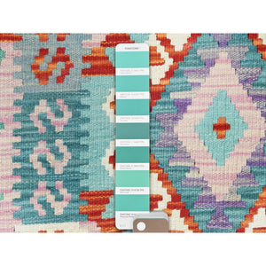 2'8"x15'5" Colorful, Afghan Kilim with Geometric Design, Pure Wool, Hand Woven, Vegetable Dyes, Flat Weave, Reversible XL Runner Oriental Rug FWR489264