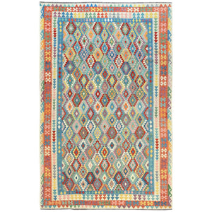 10'5"x16'4" Colorful, Pure Wool Hand Woven, Afghan Kilim with Geometric Design Flat Weave Veggie Dyes, Reversible Oversized Oriental Rug FWR489552