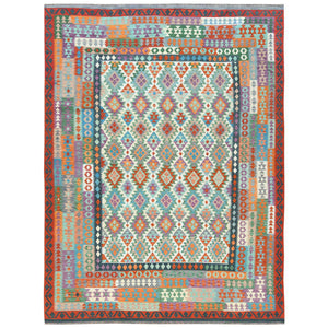 9'10"x13'2" Colorful, Afghan Kilim with Geometric Design Flat Weave, Veggie Dyes Pure Wool Hand Woven, Reversible Oriental Rug FWR489600