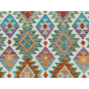 9'10"x13'2" Colorful, Afghan Kilim with Geometric Design Flat Weave, Veggie Dyes Pure Wool Hand Woven, Reversible Oriental Rug FWR489600