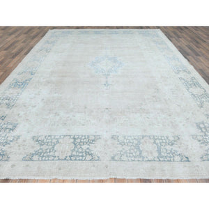 9'5"x12'6" Ivory Vintage Persian Kerman Hand Knotted Cropped Thin, Worn Wool Shabby Chic Distressed Look Oriental Rug FWR489654