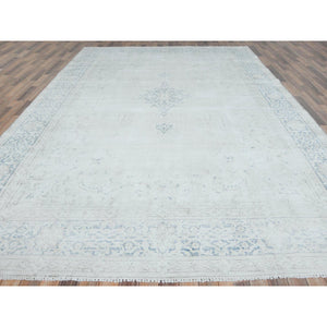 9'6"x12'9" Ivory Semi Antique Persian Kerman Hand Knotted, Sheared Low, Worn Wool, Shabby Chic, Distressed Look Oriental Rug FWR489666