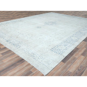 9'6"x12'9" Ivory Semi Antique Persian Kerman Hand Knotted, Sheared Low, Worn Wool, Shabby Chic, Distressed Look Oriental Rug FWR489666