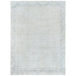 8'1"x10'9" Ivory Worn Wool, Cropped Thin, Distressed Look, Shabby Chic Vintage Persian Kerman Hand Knotted Oriental Rug FWR489678