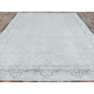 8'1"x10'9" Ivory Worn Wool, Cropped Thin, Distressed Look, Shabby Chic Vintage Persian Kerman Hand Knotted Oriental Rug FWR489678