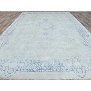 9'7"x13'10" Light Blue Worn Wool, Cropped Thin, Hand Knotted Distressed Look Shabby Chic Semi Antique Persian Kerman Oriental Rug FWR489702