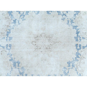 9'7"x13'10" Light Blue Worn Wool, Cropped Thin, Hand Knotted Distressed Look Shabby Chic Semi Antique Persian Kerman Oriental Rug FWR489702