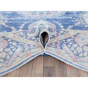 9'1"x13" Navy Blue Semi Antique Persian Kerman Hand Knotted Sheared Low, Worn Wool, Shabby Chic Distressed Look Oriental Rug FWR489732