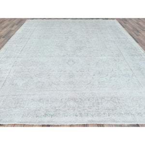 9'7"x12'6" Ivory Vintage Persian Kerman Hand Knotted Cropped Thin, Worn Wool Distressed Look Shabby Chic Oriental Rug FWR489744