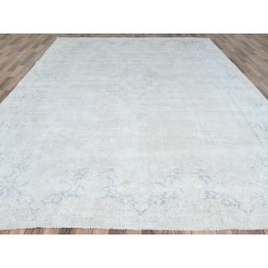 9'7"x12'10" Ivory Hand Knotted, Sheared Low, Vintage Persian Kerman, Worn Wool, Shabby Chic, Distressed Look, Oriental Rug FWR489750