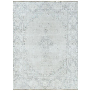 8'8"x11'8" Ivory Old Persian Kerman Shabby Chic, Hand Knotted Cropped Thin, Worn Wool Distressed Look Oriental Rug FWR489756