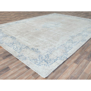 9'7"x13'2" Beige Vintage Persian Kerman Shabby Chic, Sheared Low, Worn Wool Distressed Look Hand Knotted Oriental Rug FWR489768