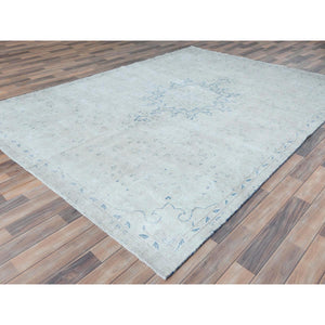 7'2"x10' Light Blue Old Persian Kerman Hand Knotted Cropped Thin, Worn Wool, Shabby Chic Distressed Look Oriental Rug FWR489792