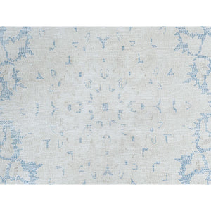 7'2"x10' Light Blue Old Persian Kerman Hand Knotted Cropped Thin, Worn Wool, Shabby Chic Distressed Look Oriental Rug FWR489792