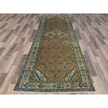 Load image into Gallery viewer, 3&#39;3&quot;x9&#39;2&quot; Mocha Brown, Vintage Persian Hamadan with Fish Mahi Design, Abrash, Distressed, Cropped Thin, Hand Knotted Pure Wool Wide Runner Oriental Rug FWR489828