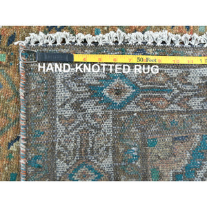 3'3"x9'2" Mocha Brown, Vintage Persian Hamadan with Fish Mahi Design, Abrash, Distressed, Cropped Thin, Hand Knotted Pure Wool Wide Runner Oriental Rug FWR489828