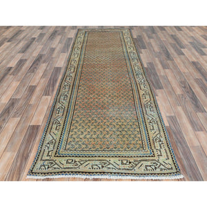 3'2"x9'4" Light Red, Sheared Low, Vintage Persian Serab with Small Boteh Repetitive Design, Hand Knotted, Distressed, Pure Wool Wide Runner Oriental Rug FWR489876