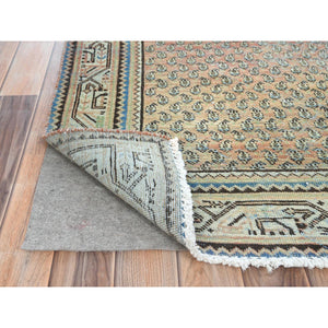 3'2"x9'4" Light Red, Sheared Low, Vintage Persian Serab with Small Boteh Repetitive Design, Hand Knotted, Distressed, Pure Wool Wide Runner Oriental Rug FWR489876