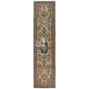 2'1"x8'9" Apricot Color Shades Vintage Persian Bibikabad with All Over Design, Hand Knotted, Pure Wool, Distressed Look, Cropped Thin Narrow Runner Oriental Rug FWR489918