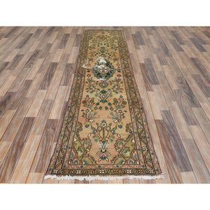 2'1"x8'9" Apricot Color Shades Vintage Persian Bibikabad with All Over Design, Hand Knotted, Pure Wool, Distressed Look, Cropped Thin Narrow Runner Oriental Rug FWR489918