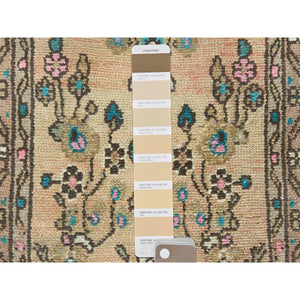 2'1"x8'9" Apricot Color Shades Vintage Persian Bibikabad with All Over Design, Hand Knotted, Pure Wool, Distressed Look, Cropped Thin Narrow Runner Oriental Rug FWR489918